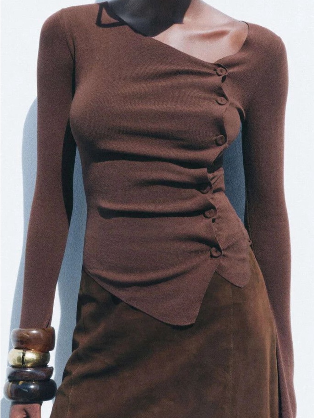 Zara Brown Asymmetric Button-Front Long Sleeve Top